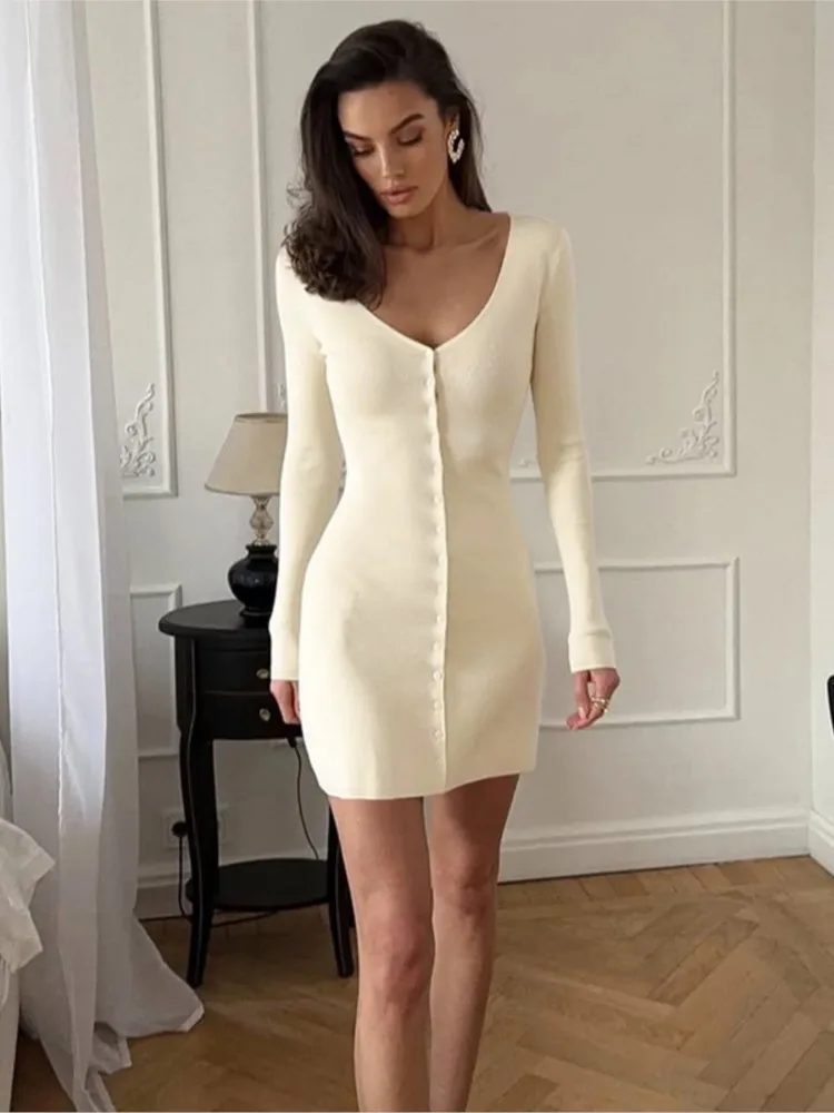 

Women's Solid Color Long-sleeved Dress V-neck Single-breasted Waist Slimming Vestidos Simple Style Temperament Commuting Casual