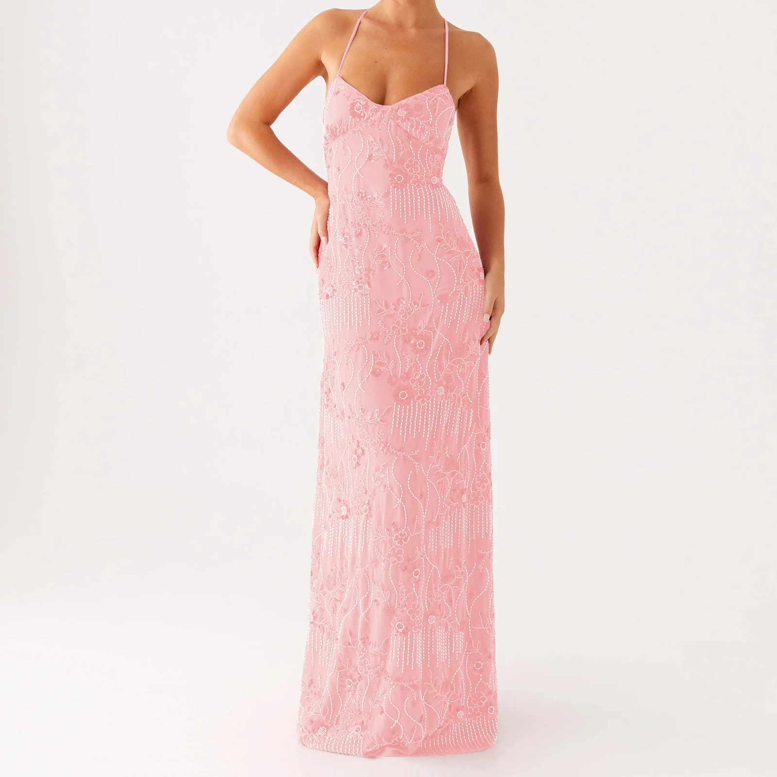 Abito lungo da donna Y2K con perline e paillettes, ricamo floreale, senza maniche, abito estivo con cinturino per spaghetti incrociato senza schienale