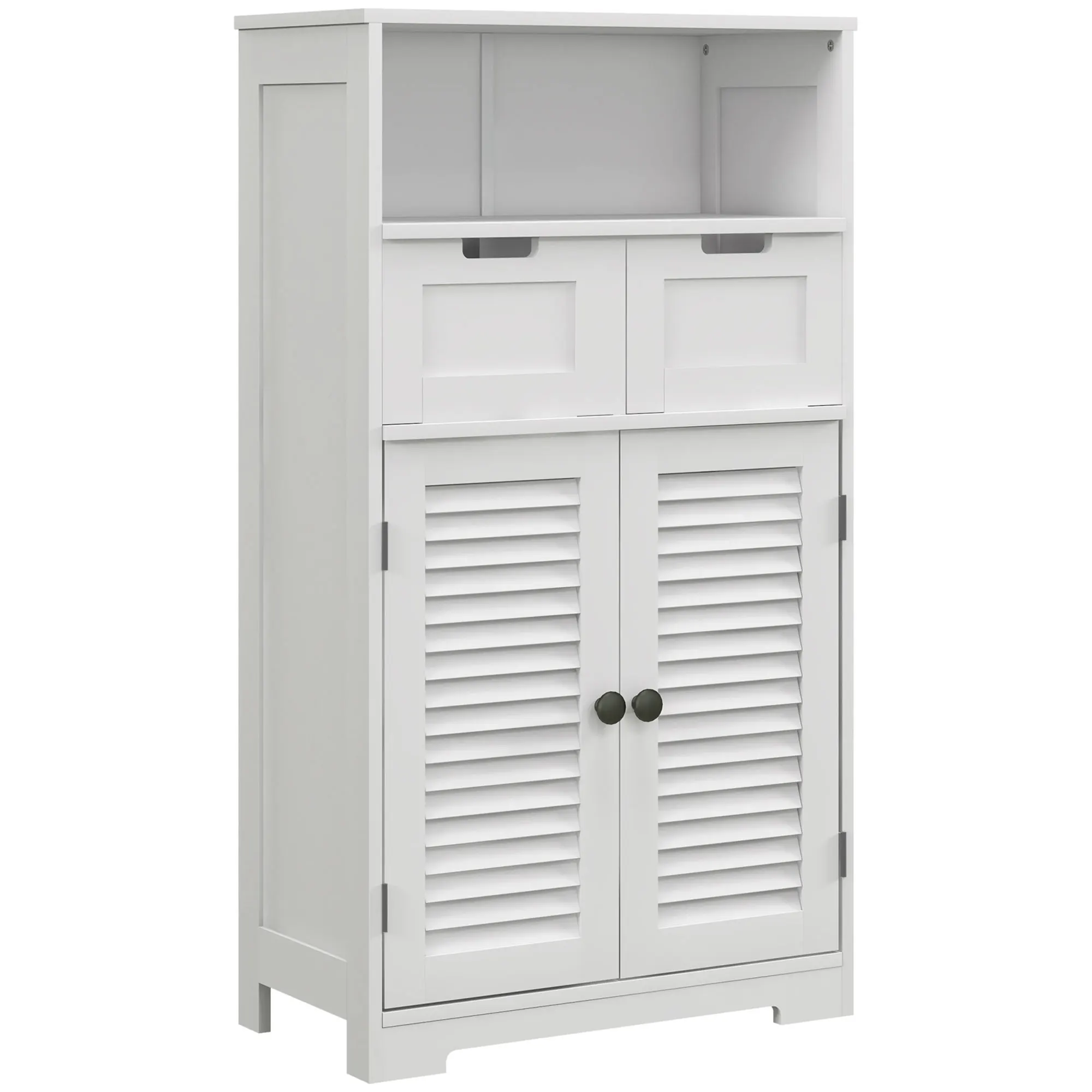 Mueble de baño Kleankin con ruedas, unidad de almacenamiento, estante ajustable, armario de pizarra, armario de 2 puertas, 2 cajones, nicho, 61x30,5 x cm, Blanco