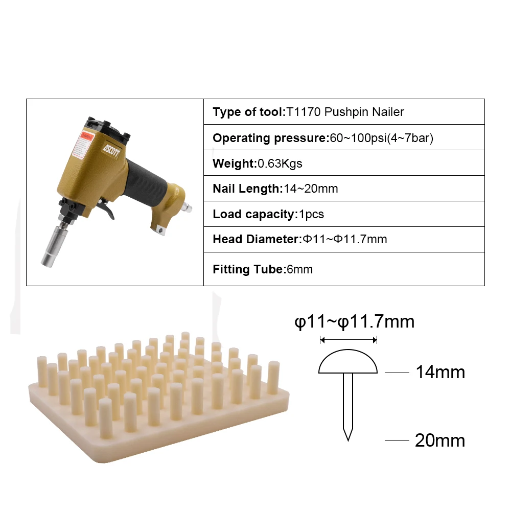 T1170 Aluminum Pneumatic Decorative Stapler Air Pushpin Gun Furniture Manufacturing Tools with Nails Tray Upholstery Tack Nailer