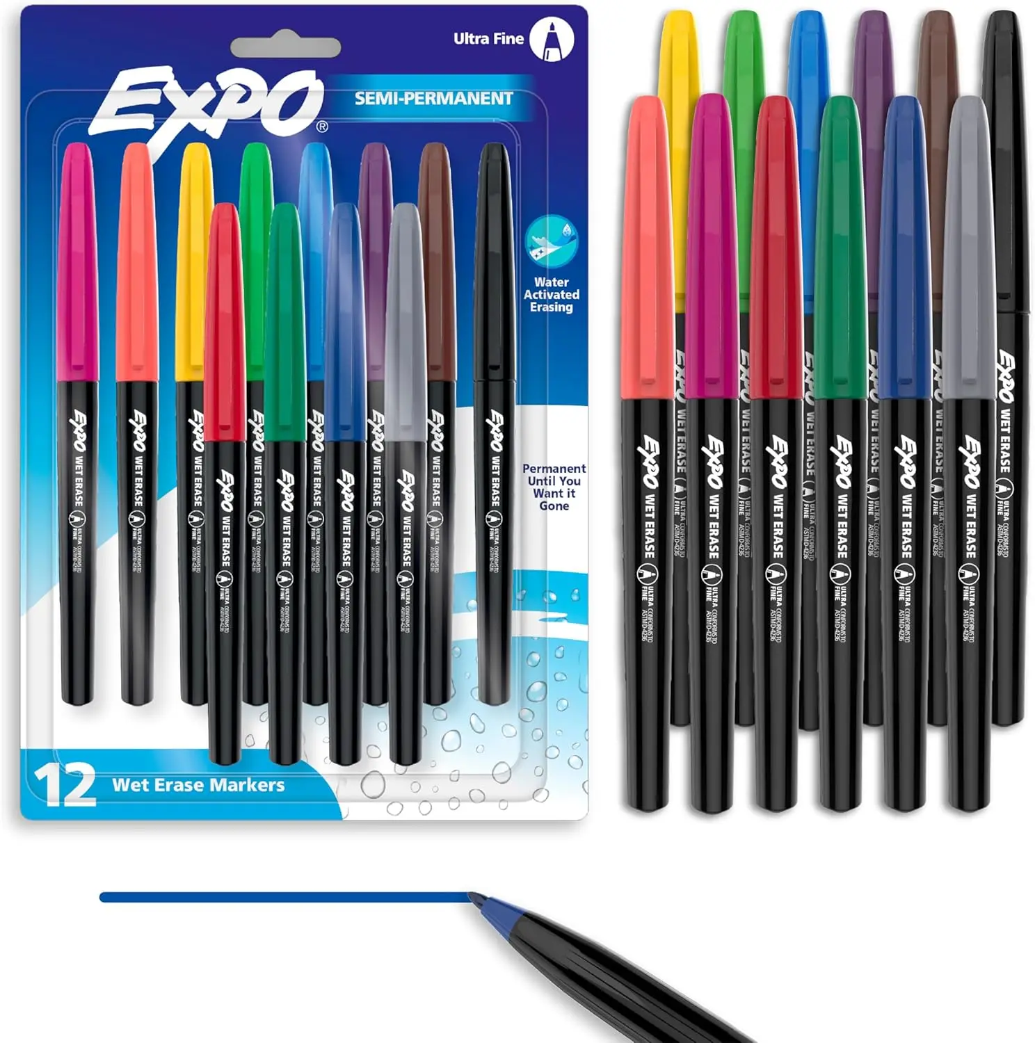 

Wet Erase Markers, Assorted Colors, Ultra Fine Tip, 12 Count for Glass, Whiteboards, Mirrors, Calendar, Labeling