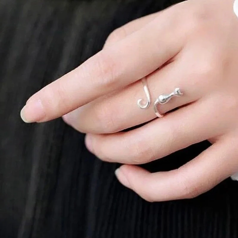 Huitan Silver Color Cat Ring for Women Opening Resizable Animal Rings Simple Stylish Girls Accessories Fashion Versatile Jewelry image 5