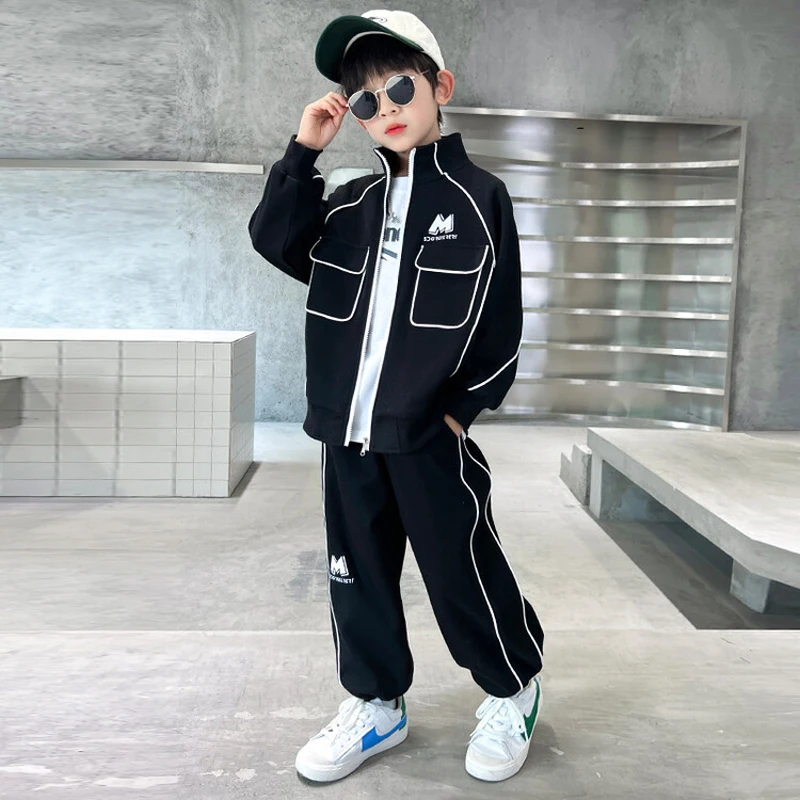 

Autumn Boys 2pcs Sports Set Korean Teenage Loose Zipper Jackets and Trousers Fashion 2023 Children's Sportswear Outfits 8 12Year