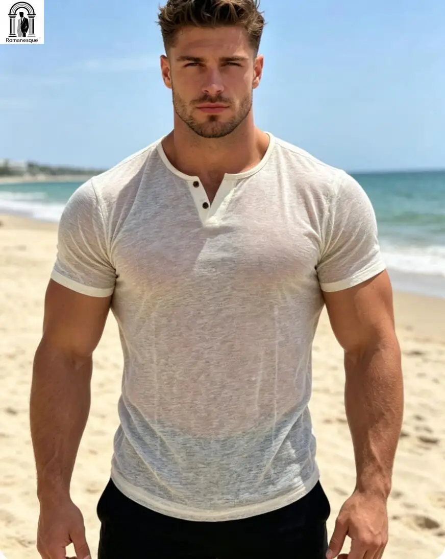 Men's Micro See Through Henley T-Shirt Summer Beach Short Sleeve Tee Slim Fit Sheer Casual Top Muscle Fit  Blouse For Holiday