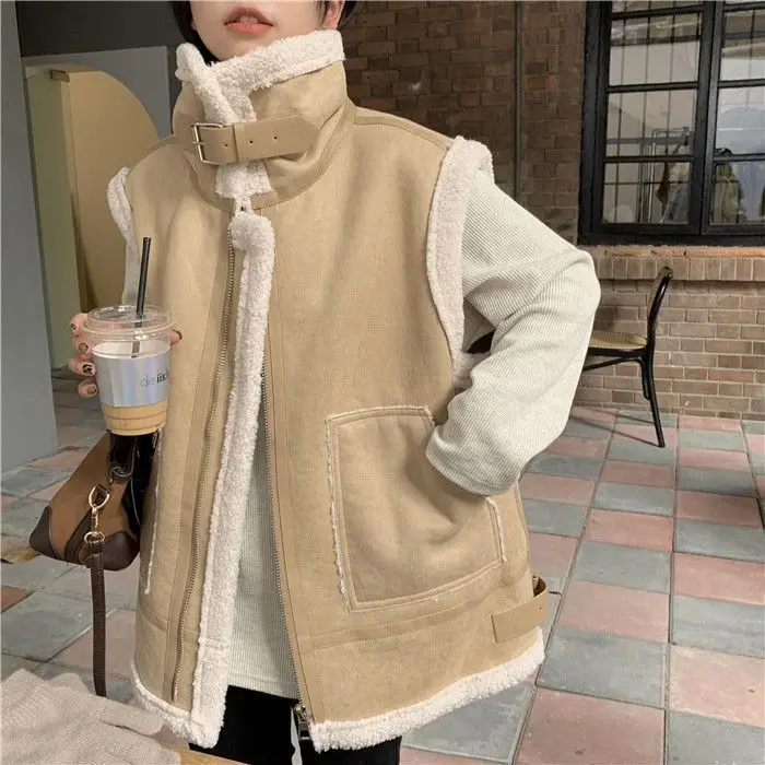 2025 Autumn and Winter New Hairy Vest Women's Thick Standing Collar Stacked Warm Jacket