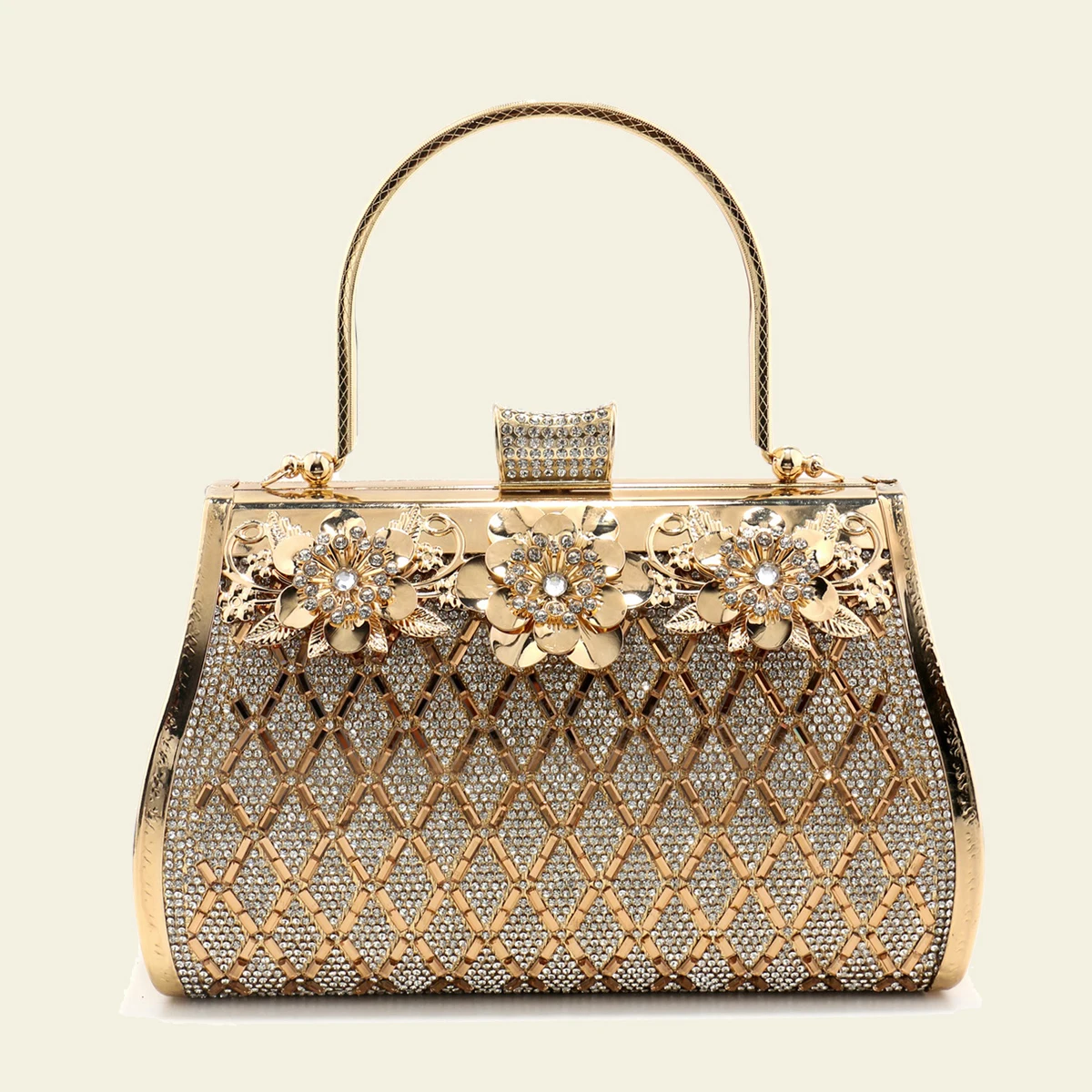 Rhinestones Bucket Women Evening Clutch Golden Metal Handle Handbags Crystal Flower Vintage Perfect Design Box Holder