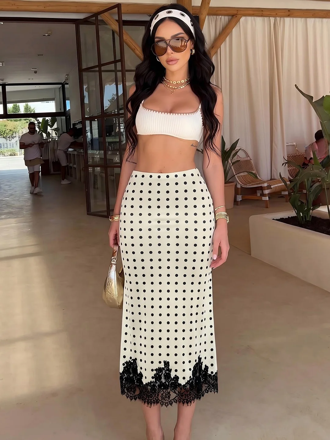 Elegant Office Lady Style Polka Dot Print Lace Splice Slim Fit  Skirt for Women Breathable Skin-Friendly Polyester Blend
