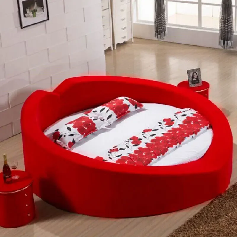 Round bed genuine leather large  double  master bedroom wedding hotel   heart-shaped simple round   soft