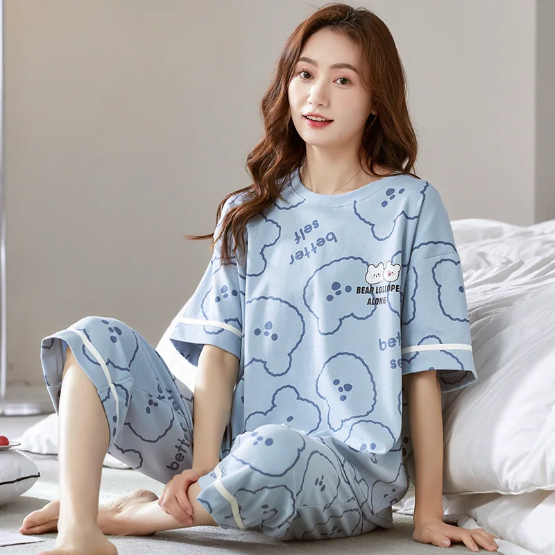 Women\'s Pajama Summer Knitted Cotton Thin Short Sleeved Girl Simple Fashion Casual O-Neck Homewear Cute Soft Cartoon Loungewear