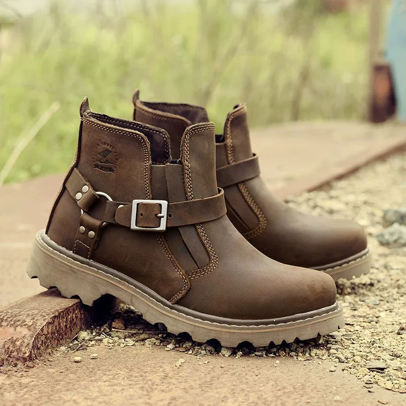 DOYUTIG Men's Genuine Leather Motorcycle Boots Retro Low Cut Workwear Boots Crazy Horse Leather Outdoor Couples Shoes SGC004
