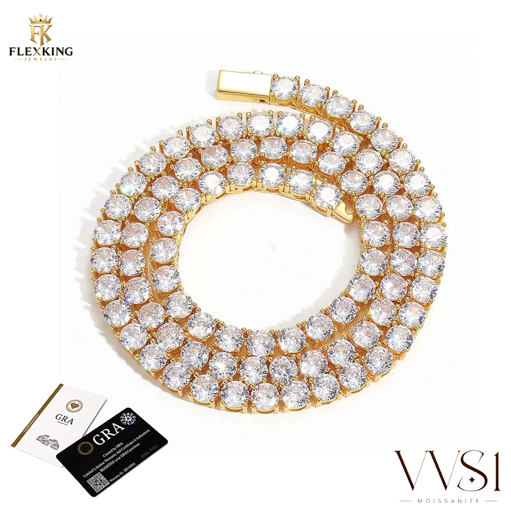 FLEXKING VVS1 Moissanite 3/4/5mm Fashion Tennis Necklace Iced Out Brass Bling Lab Diamond For Men Women Hip Hop Jewelry Gifts