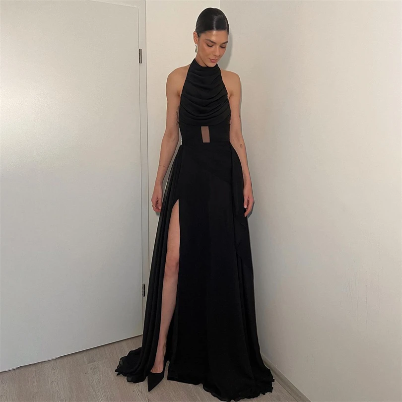 

Luxury Black Formal Evening Dresses For Occasion Halter Off Shoulder High Side Slit Celebrity Dress Ruches Women Party Gowns