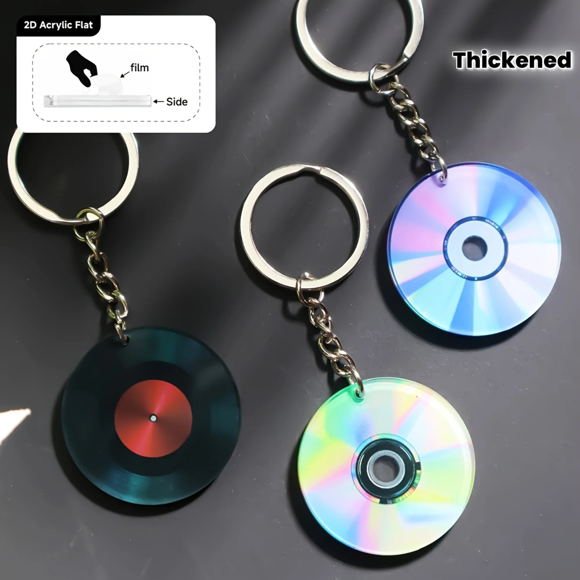 2D 플랫 1개 미니 음악 CD 패턴 키체인 펜던트 가방 참 데일리 웨어 두꺼운 아크릴 양면 샌드위치 프린팅 공예품