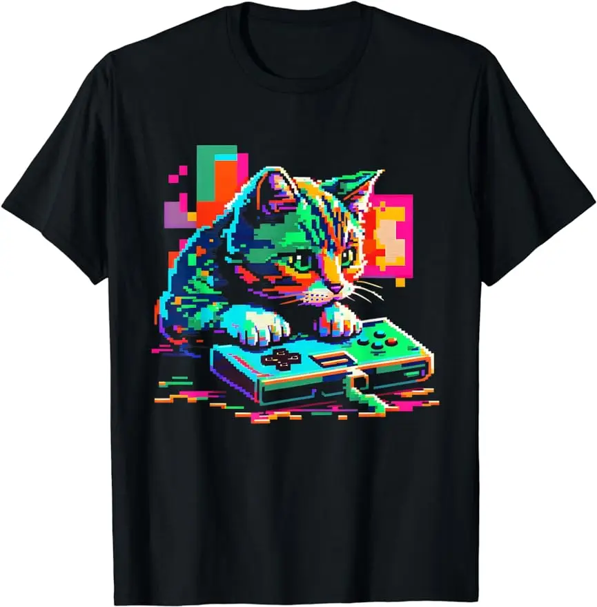 

New Summer 2024 Game Pixel Casual Shirt Cat Art Player Kitten T-shirt