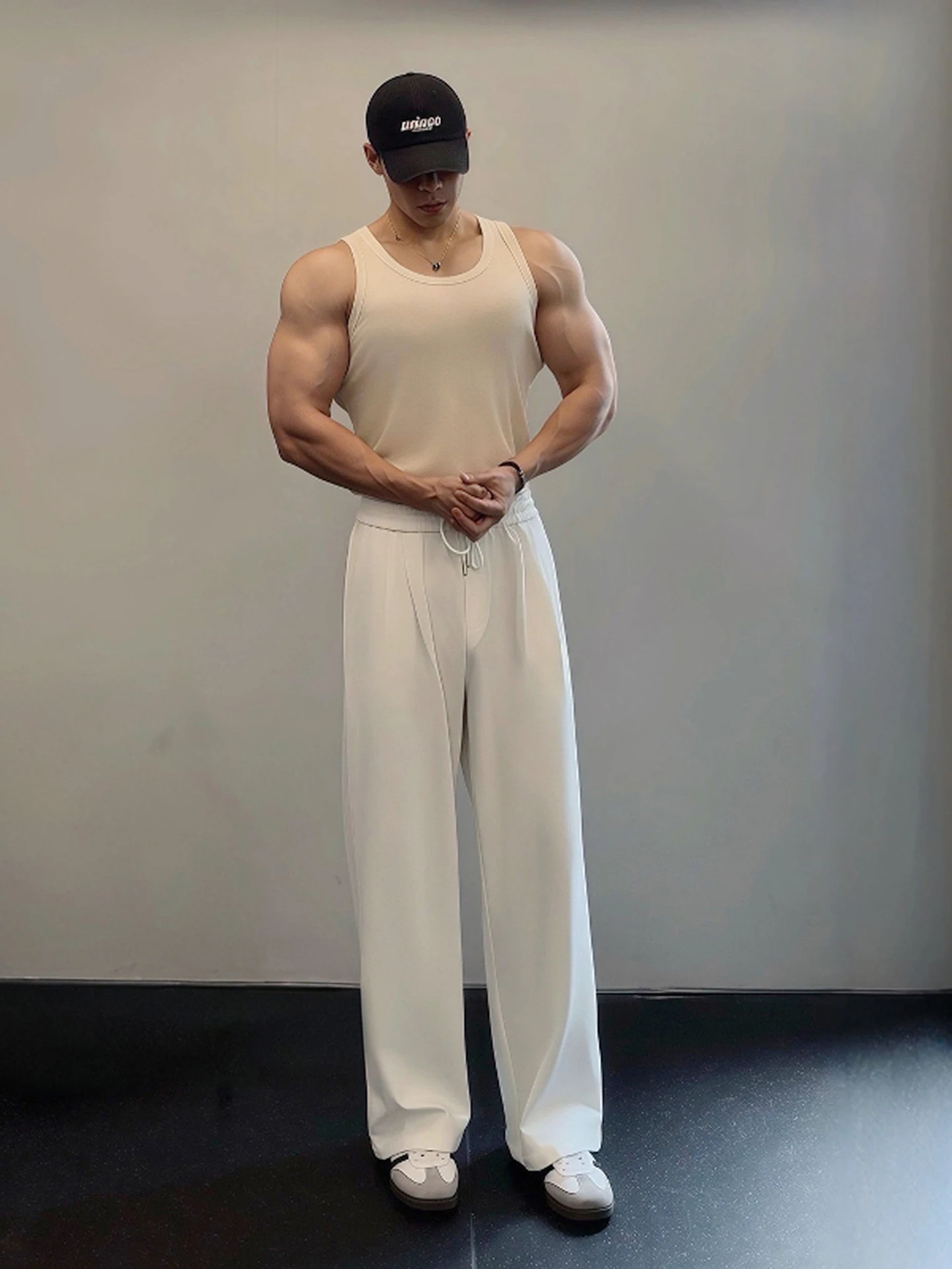 

High Waist Wide Leg Straight Cut Ice Silk Men's Casual Pants White American Sle Drapey Autumn High-End Feeling Knife
