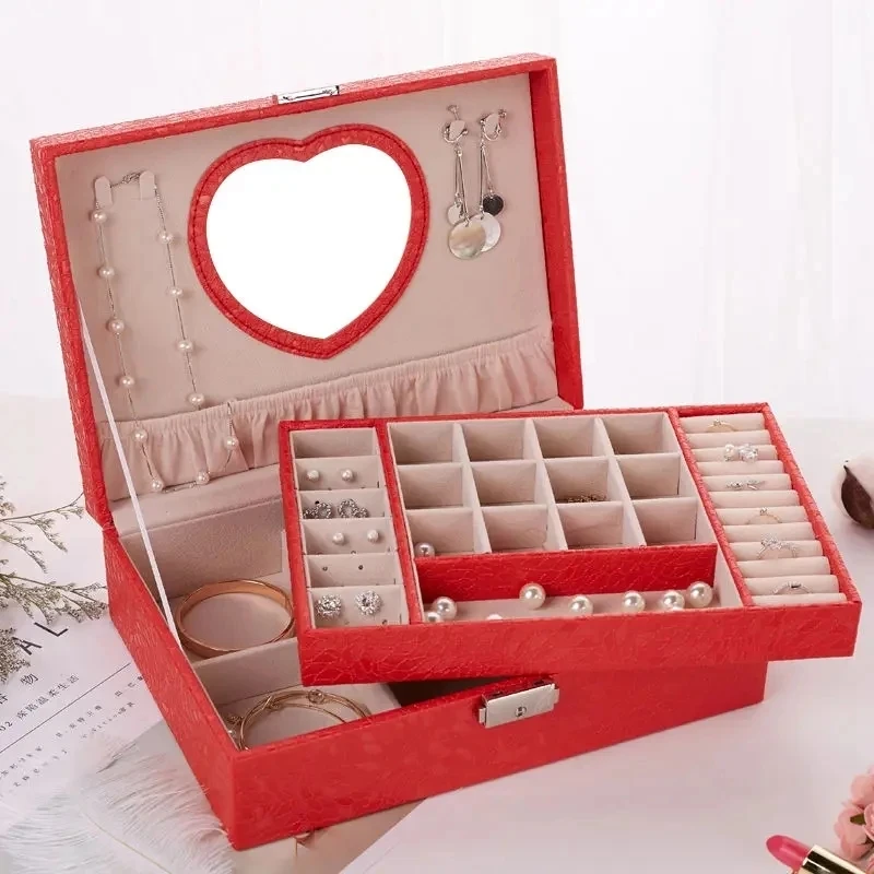 Solid Color PU Women Jewelry Box Double-layer Large-capacity Jewelry Storage Box Necklace Earring Ring Organization Storage Box