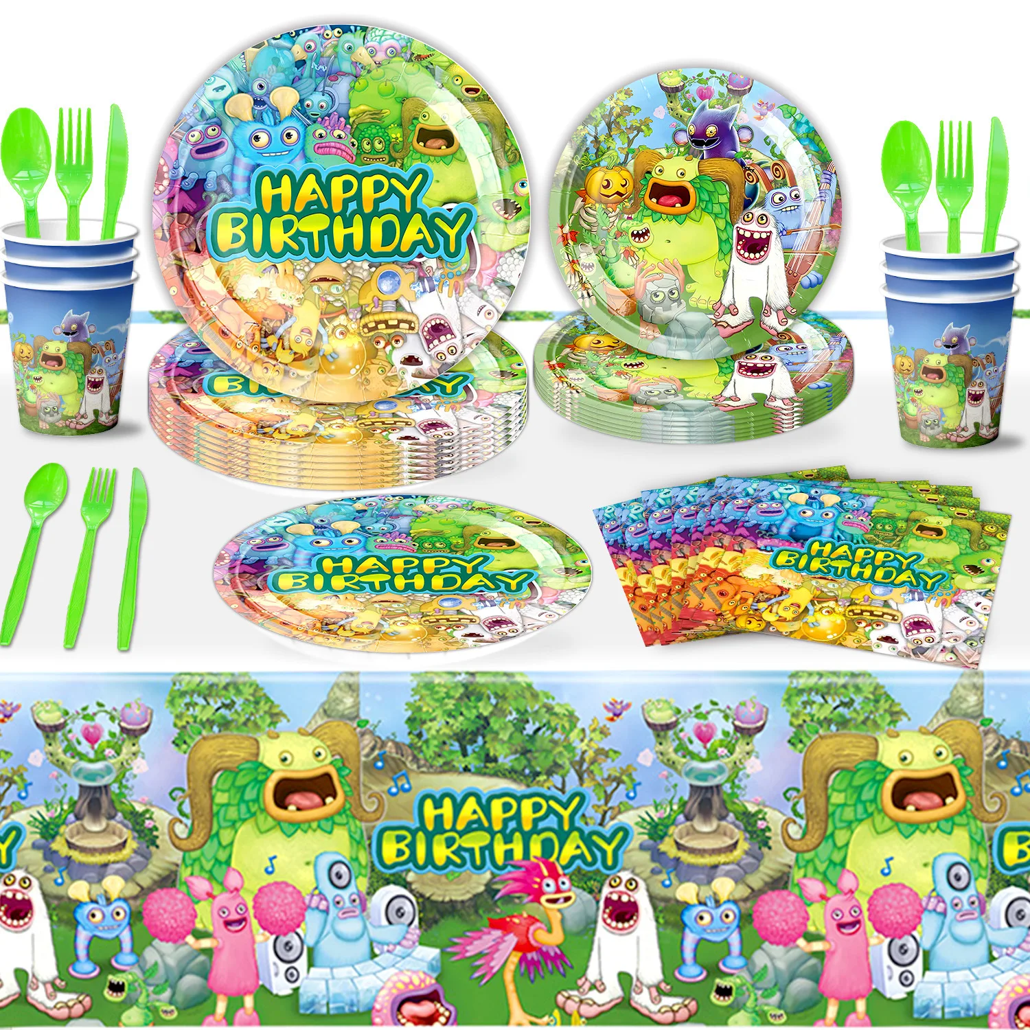 Cartoon Monsters Birthday Party Decoration Birthday Flag Banner Backdrop Paper Tableware Kit Baby Shower Singing Party Supplies