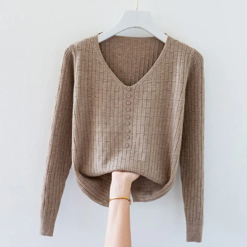 Women V-Neck Knitted Sweater Korean Fashion Autumn Winter Bottoming Pullover All-Match Vintage Long Sleeve Knitwear Pullover
