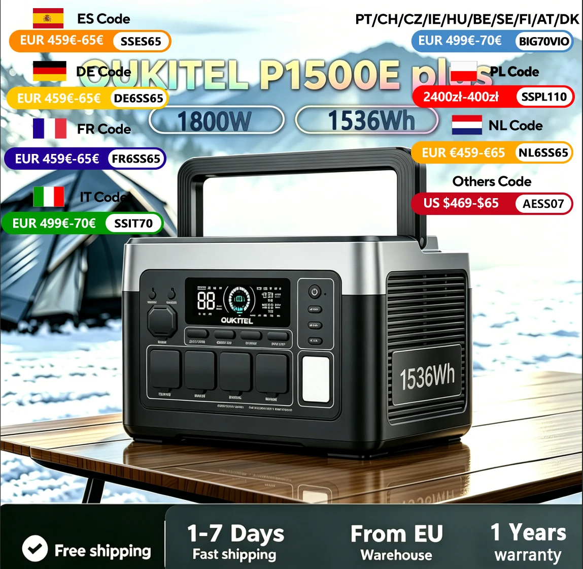 OUKITEL P1500E PLUS 1800W Portable Power Station 1536Wh LiFePO4 Solar Generator, Emergency Power Supply Home Backup, Pure Sine Wave, for Outdoor Camping, RV Trip, Blackout, Off-Grid Living