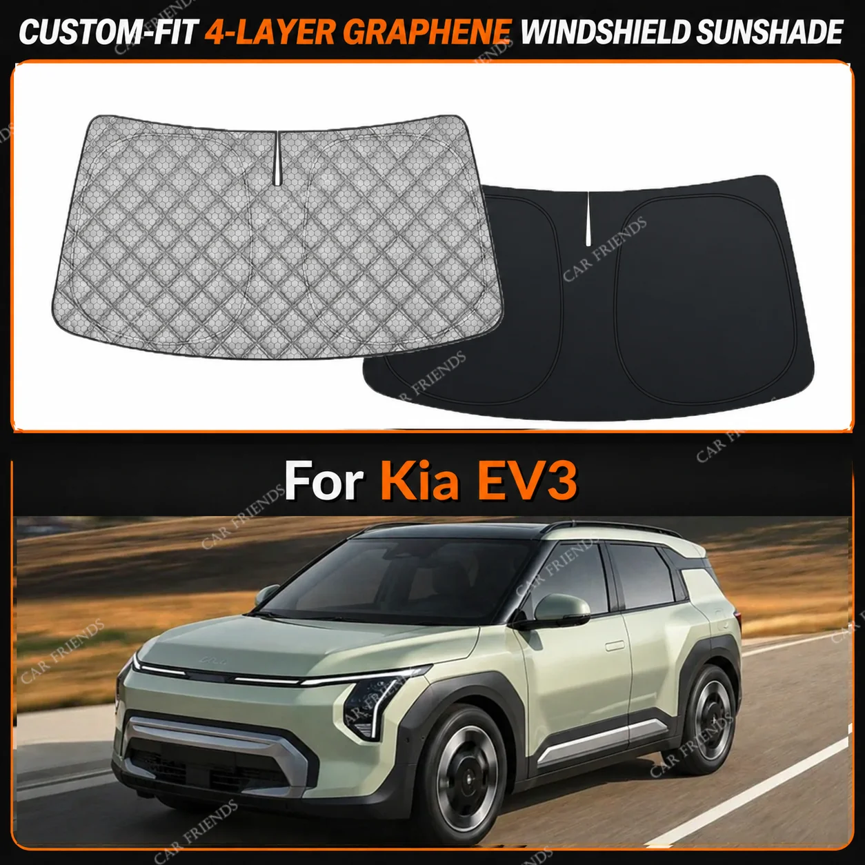 For Kia EV3 Custom-Fit 4-Layer Graphene Windshield Sunshade Reflective Gray-Silver Surface Helps Reduce Direct Sunlight