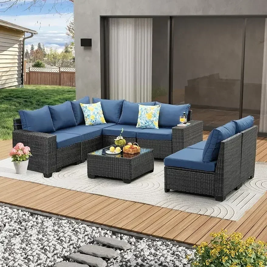 5/7/9PCS Patio Furniture Set All-Weather Outdoor Wicker Sectional Conversation Sofa Rattan Patio Seating Sofa for Porch Poolside