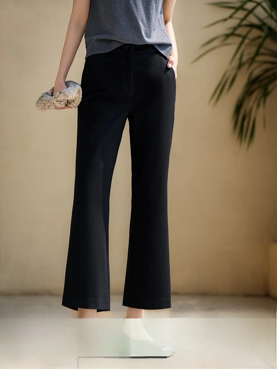 

High Waist Straight Leg Pants Women's Casual Commute Eighteen Length Flared Trousers Xhange Brand Pure Color Button Closure