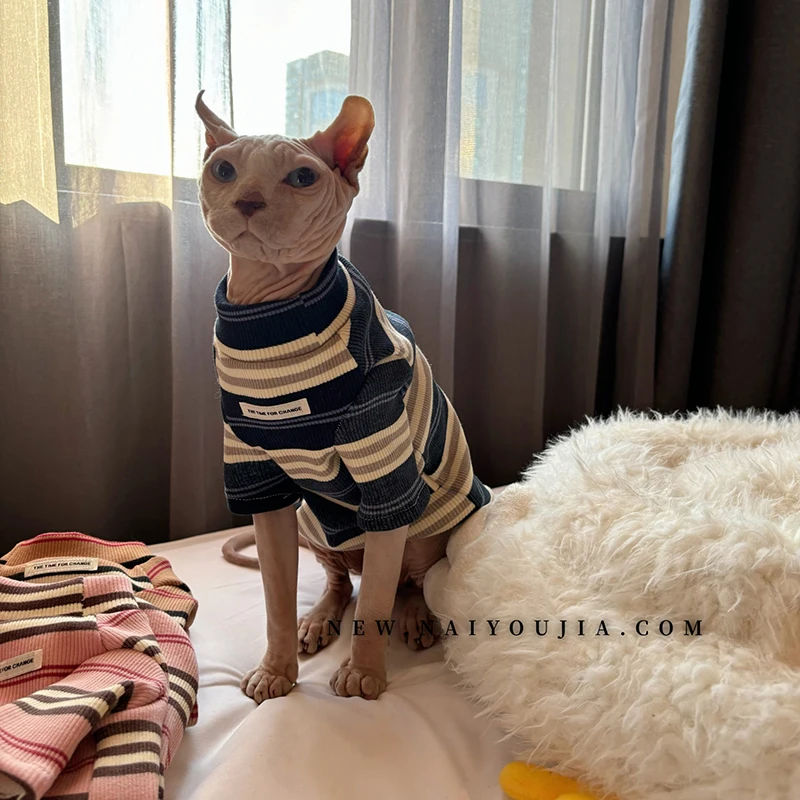 Luxury Sphynx Cat Clothes Striped Coat for Cat Soft High-neck winter undershirt For Devon Rex Long Sleeves Loungewear Spring