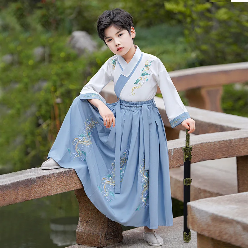 Hanfu-Disfraz tradicional de dos piezas para estudiante de primaria, traje de Cosplay de caballero sobredimensionado, color azul claro, 100% poliéster