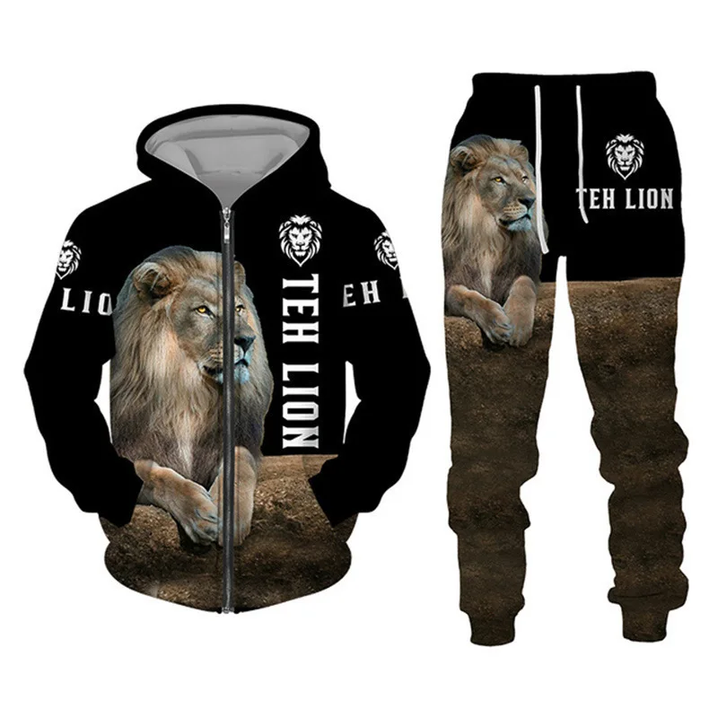 Herren Reißverschluss-Hoodie Trainingsanzug mit 3D-Grafikdruck Löwenkönig Langarm-Sweatshirt Jogginghose Locker Sitzend Herbst Winter Hip-Hop Alltagskleidung – Detail 3