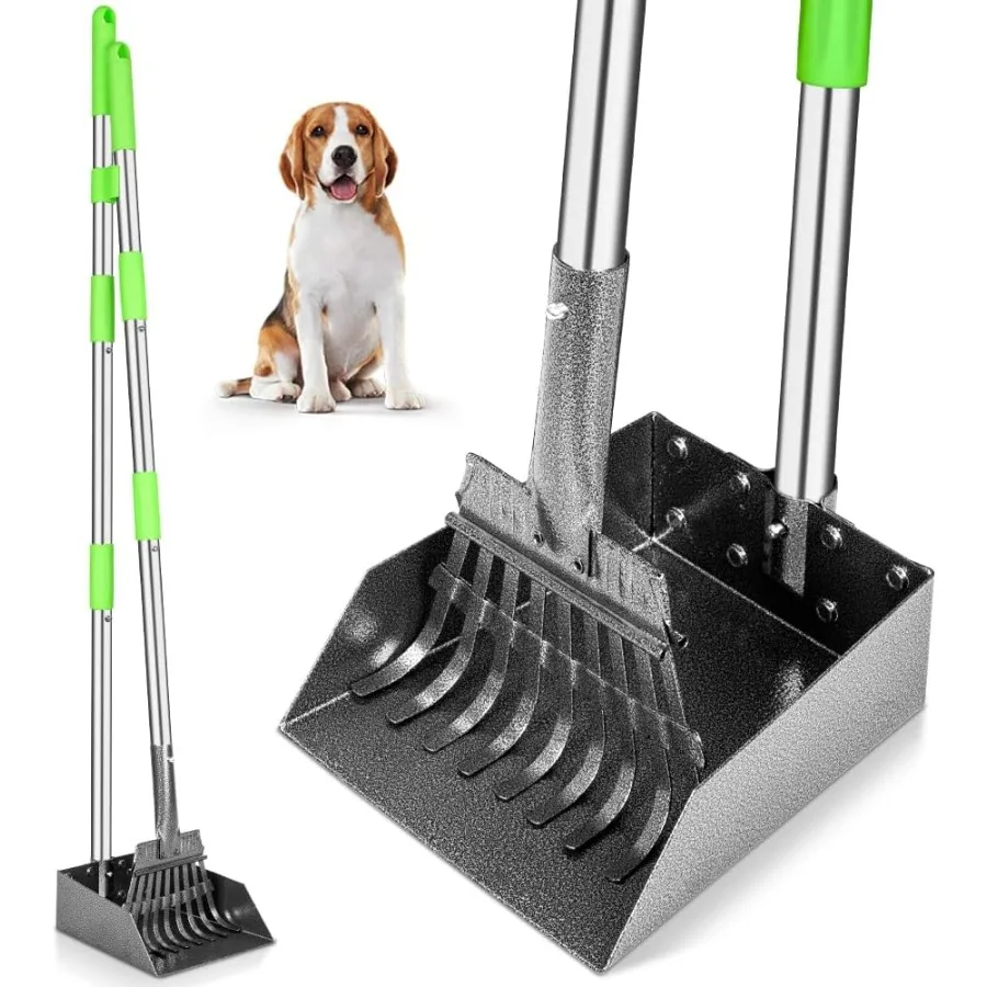 Colheitadeira de pooper com cabo longo e resistente com bandeja e ancinho de aço inoxidável projetado para cães médios e pequenos, ideal para limpeza