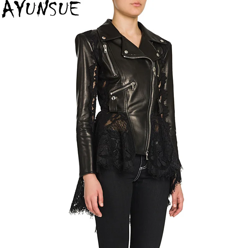 AYUNSUE 정품 양피 진짜 가죽 자켓 여성 2025 Motocycle 자켓 슬림 맞는 봄 가을 여성 의류 레이스 스플 라이스