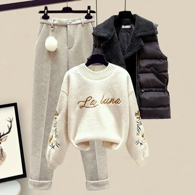 Thickened Cotton Jacket Vest Knitted Long Sleeved Sweater Pullover Woolen Pants Three Piece Elegant Women\'s Pants Set A973