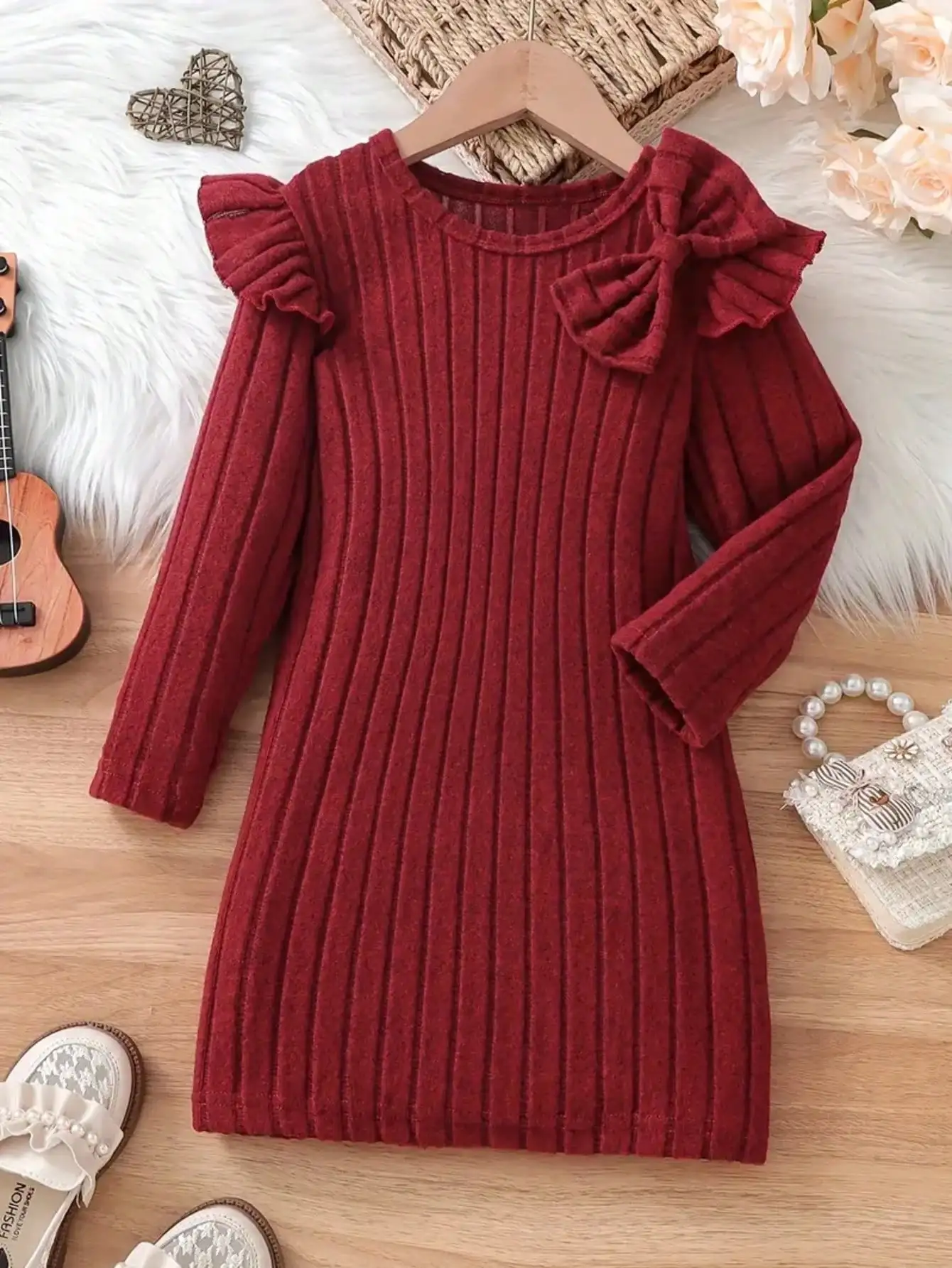 Children's casual and elegant ribbed lotus leaf sleeves, round neck bow, waist cinched long sleeved dress, mid length skirt