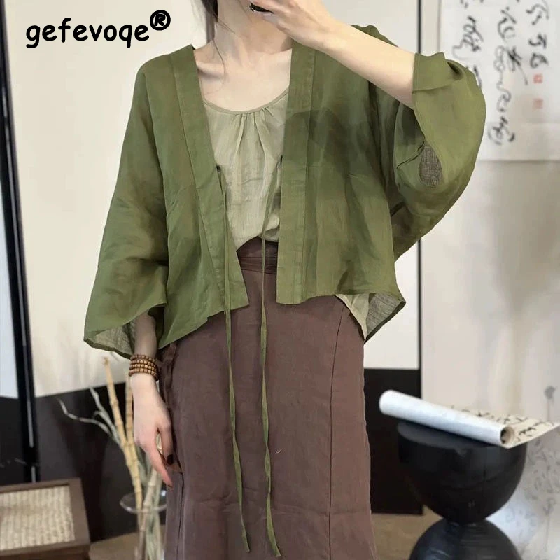 Women Japanese Style Vintage Y2K Lace Up Cardigan 2024 Summer Casual Loose Cotton Linen Sunscreen Shirt Solid 3/4 Sleeve Blouses