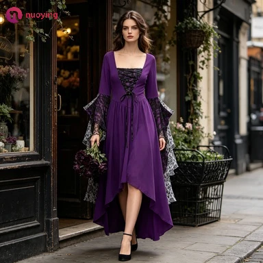 Vestido Gótico Vintage de Bruja Vampiro para Mujer, Manga Trompeta, Traje Largo, Tallas Grandes, Disfraz de Cosplay para Halloween, Carnaval, Fiesta Temática