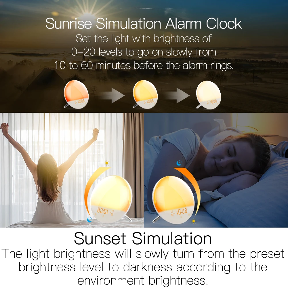 Moes WiFi Wake Up Smart Light Alarm Clock with 7 Colors Sunrise Sunset Simulation Tuya APP Control Works with Alexa Google Home