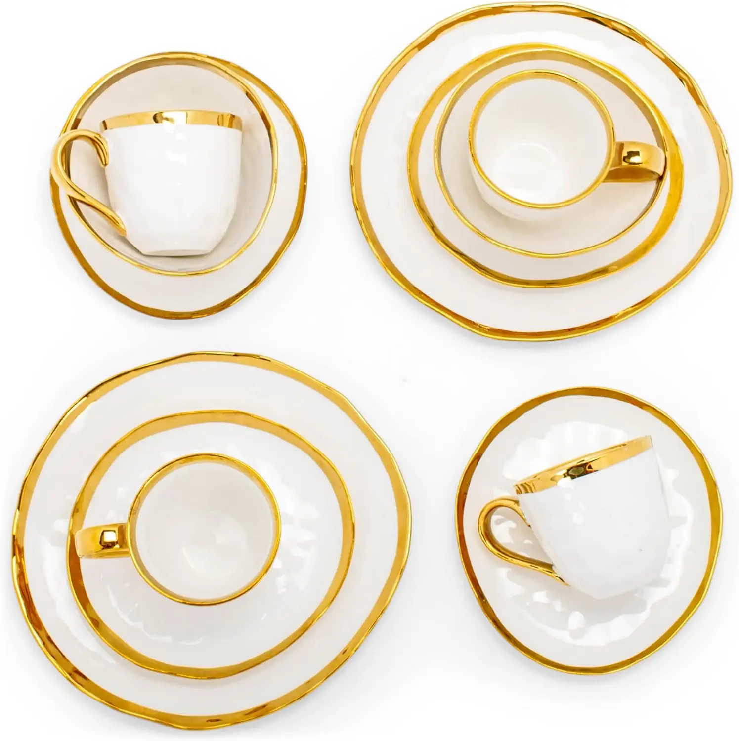 Designs 16-Piece Metallic Bubble Porcelain Ceramic Plates Bowls Mugs Dinnerware Set - Service for 4, White With Gold Acce