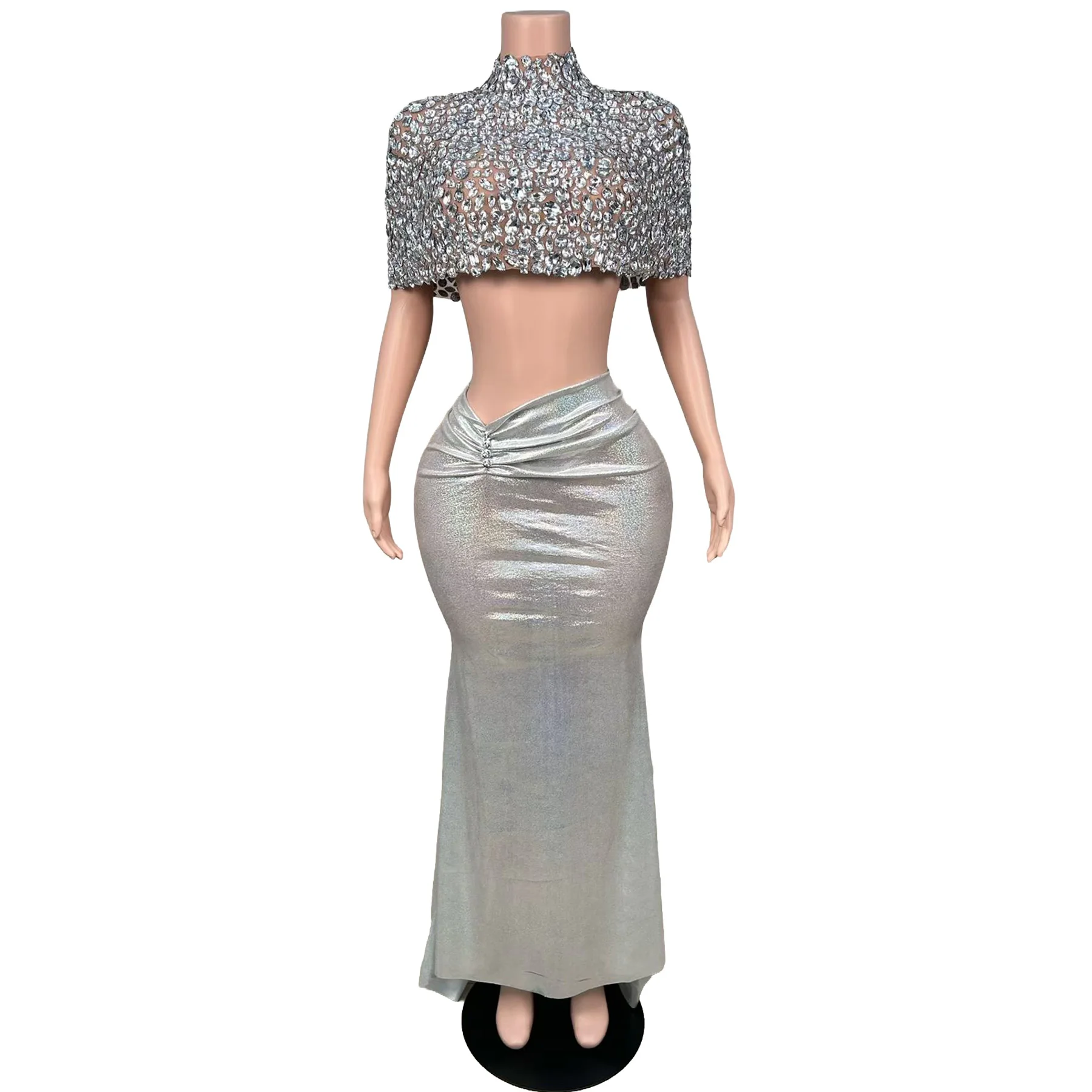 Pijian Luxury Sheer Mesh Silver Rhinestone High Neck Crop Top Iridescent Ruched Waist Mermaid Skirt Rave Festival Outfit
