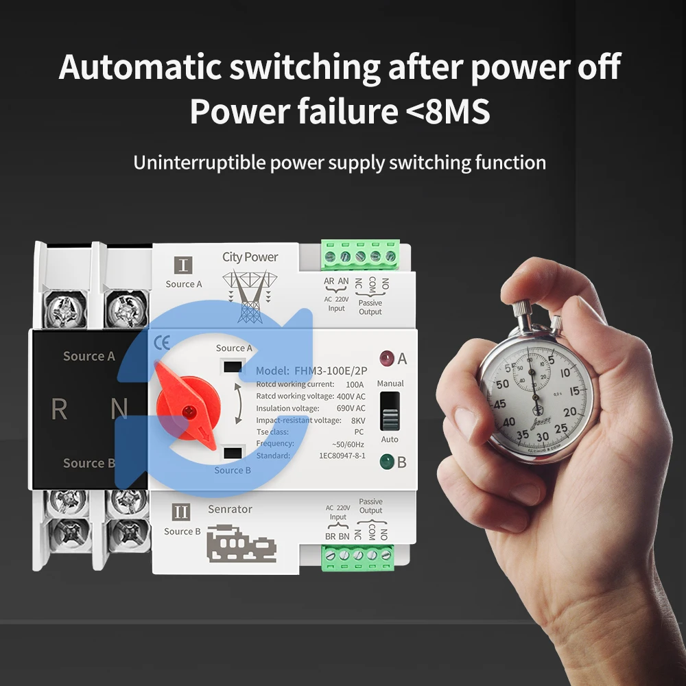 TNCE Single Phase Din Rail ATS Dual Power Automatic Transfer Electrical Selector Switches Uninterrupted 2P 63A 100A 125A