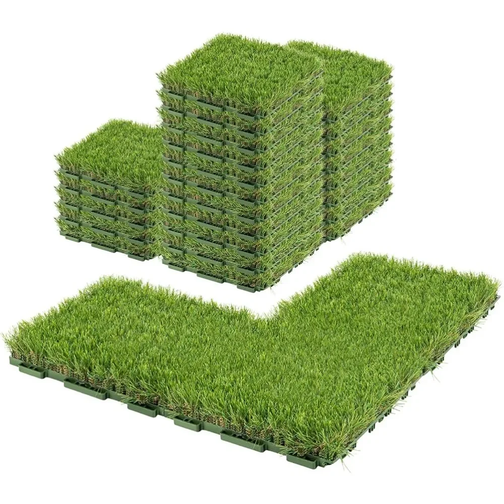 

1.57" H Interlocking Artificial Grass Tiles, 12" X 12" 27 Pcs Fake Grass Deck Turf Tiles with Upgrade Interlocking System