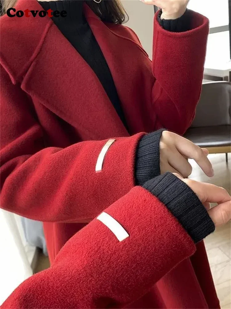 Cotvotee Red Wool Coats for Women 2023 Autumn Winter New Long Sleeve Turn Down Collar Chic Coats Loose Lace Up Thicken Jacket