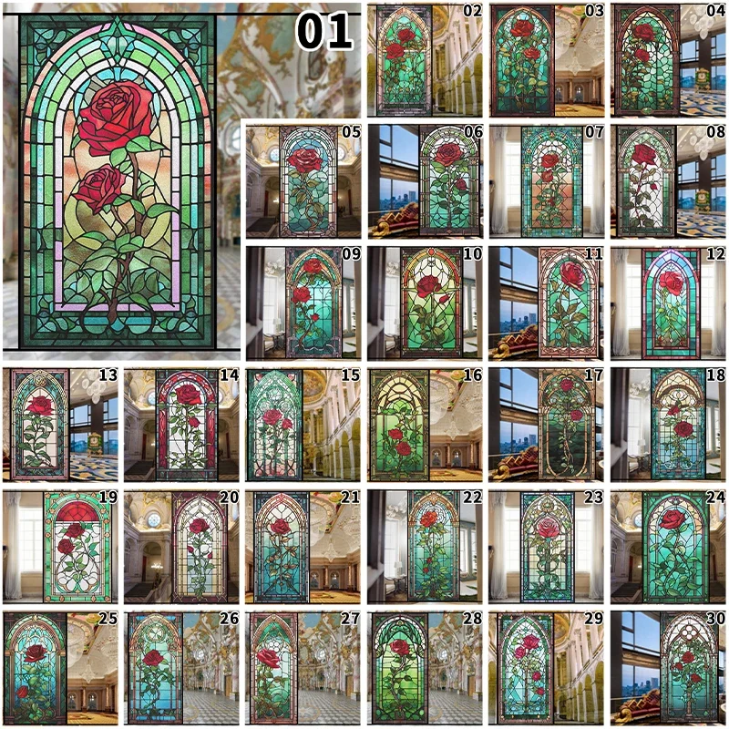 Colorful 3D Rose Design Stained Glass Window Privacy Film Static Cling Decals for Home Office Wedding Background Decor