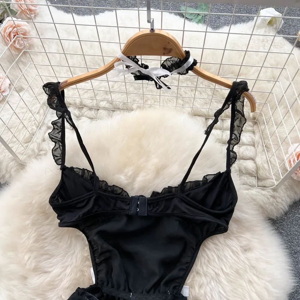 Women Erotic Uniform Sensual Night Dress Fashion Camis Lace Spliced A-line Nightwear Female Maid Slim Sheer Pajamas