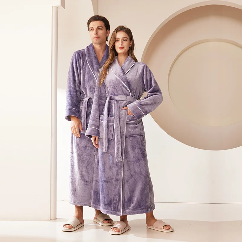 Winter Flannel Long Couple Robe Sleepwear Thick Warm Coral Fleece Bathrobe Gown Nightwear Loose HomeWear Loungewear