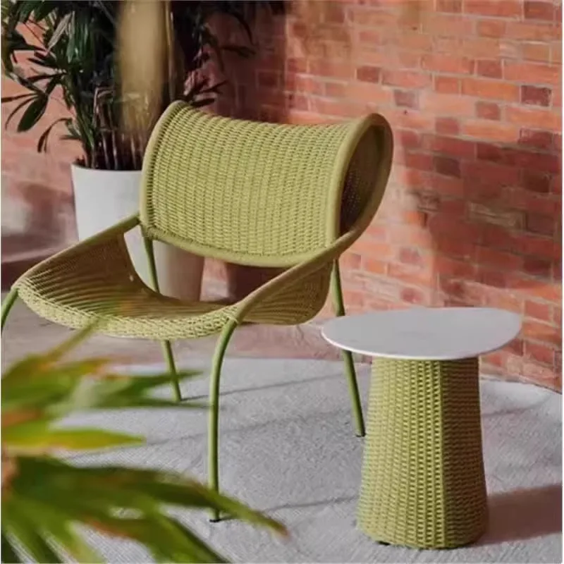 

Balcony single chair casual rattan chair small tea table art design woven rope curved backrest waterproof indoor