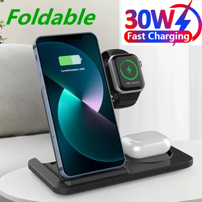 30W 3 In 1 Wireless Charger Stand For iPhone 15 14 13 12 11Pro Max Apple Watch 8 7 SE Airpods Foldable Fast Charging Station pad