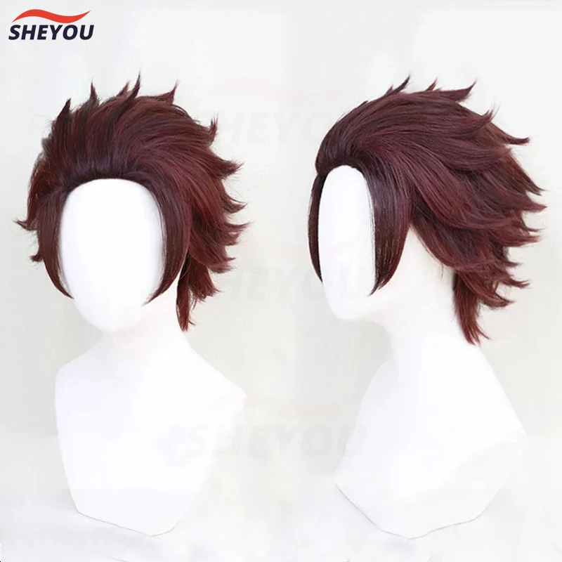 High Quality  Yaiba Tanjiro Kamado  Cosplay Wig Anime Short Chestnut Brown Heat Resistant Hair Cosplay Costume Wig + Wig Cap