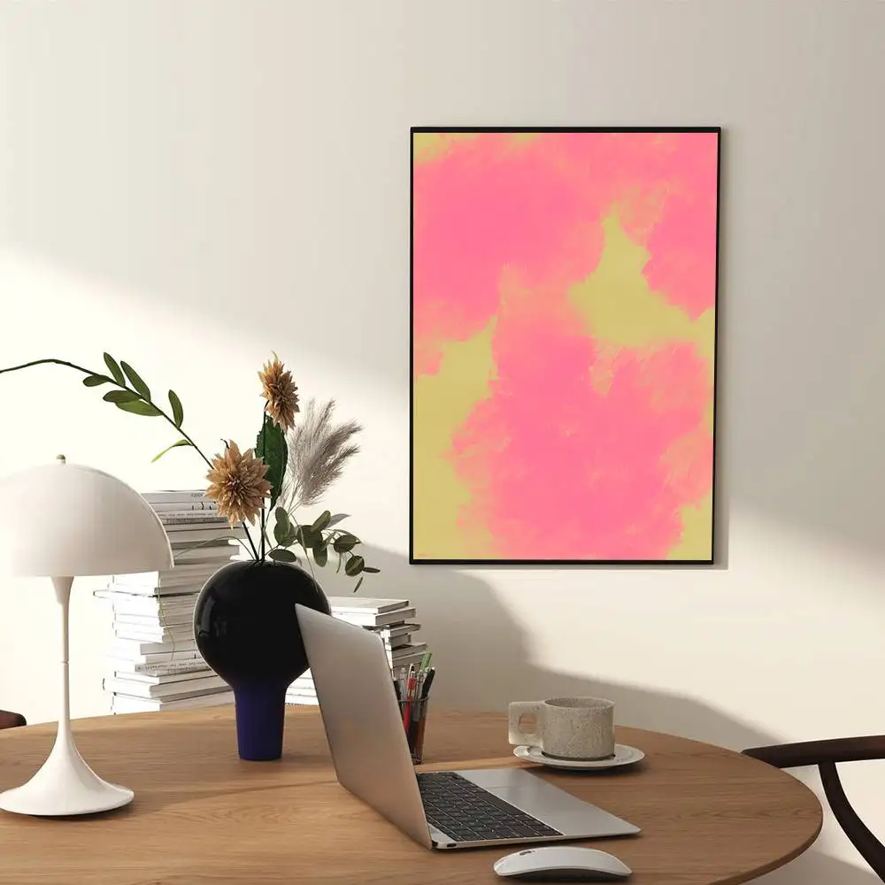 Abstract brush art  Pink clouds on yellow  Poster Mural for Living Room Bedroom Wall Office Wall Decor Gift for Friends