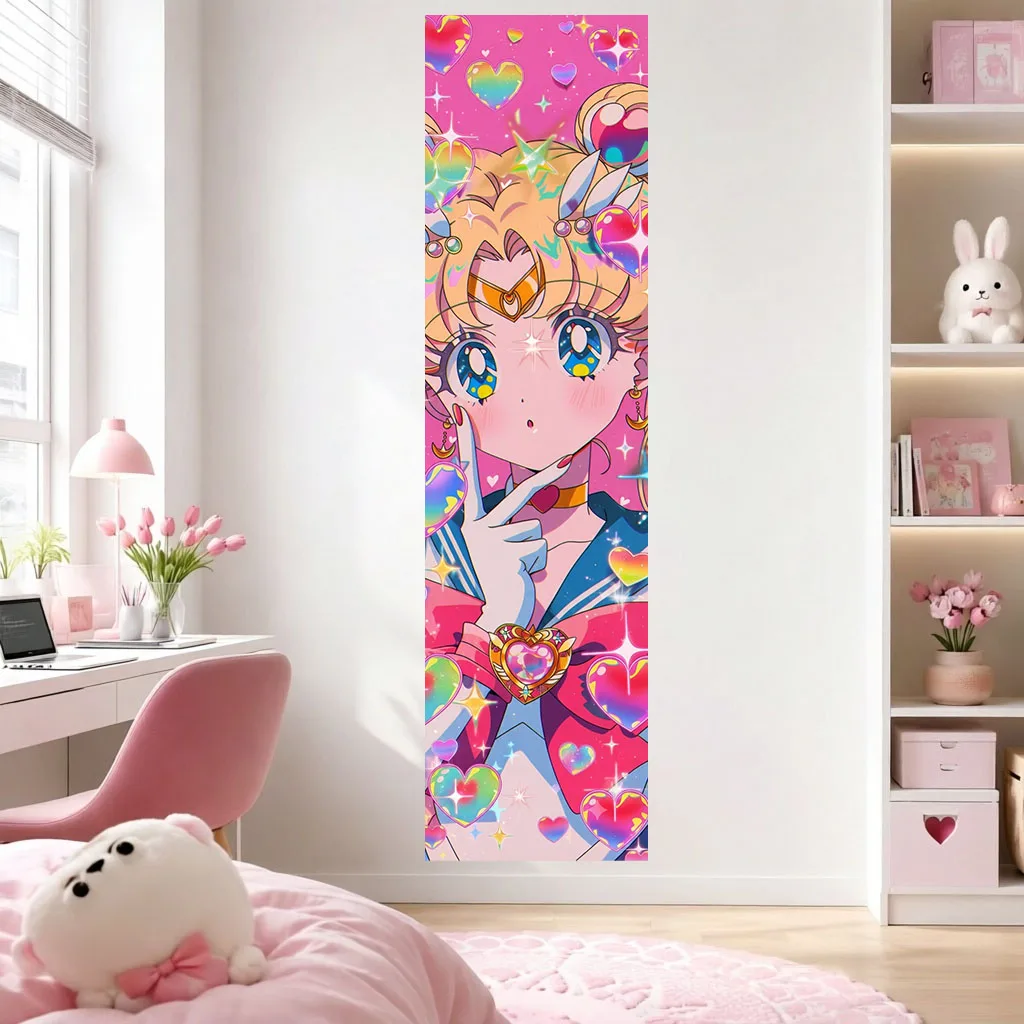 Cute Tsukino Usagi Anime Tapestry Rainbow Heart Y2K Aesthetic Wall Hanging Pink Pastel Cartoon Wall Art Blanket Teen Girls Room