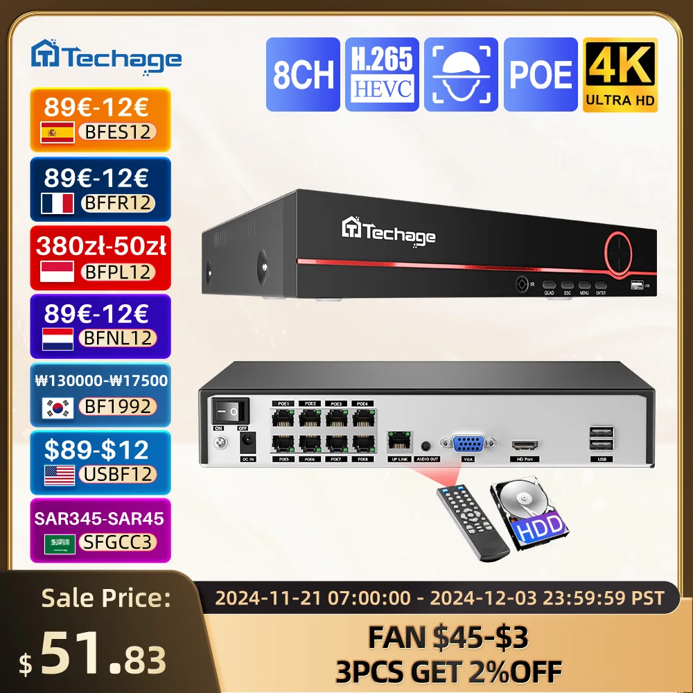 Techage H.265 8CH 4K 2K POE NVR Security Surveillance Network Video Recorder Up to 16CH For CCTV System POE IP Camera Recorder